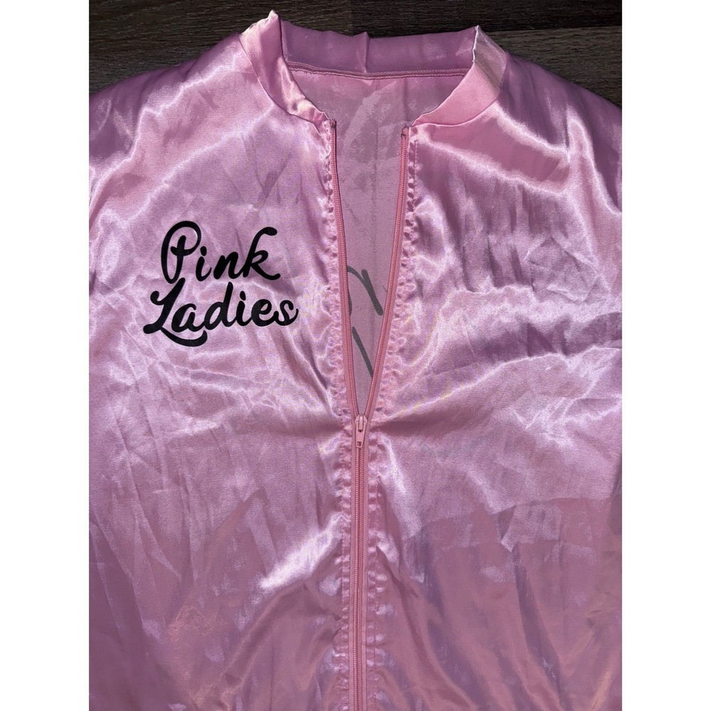 Grease Pink Ladies Costume Jacket Satin Pink Womens Size Medium Zip Up Bomber - Picture 4 of 7